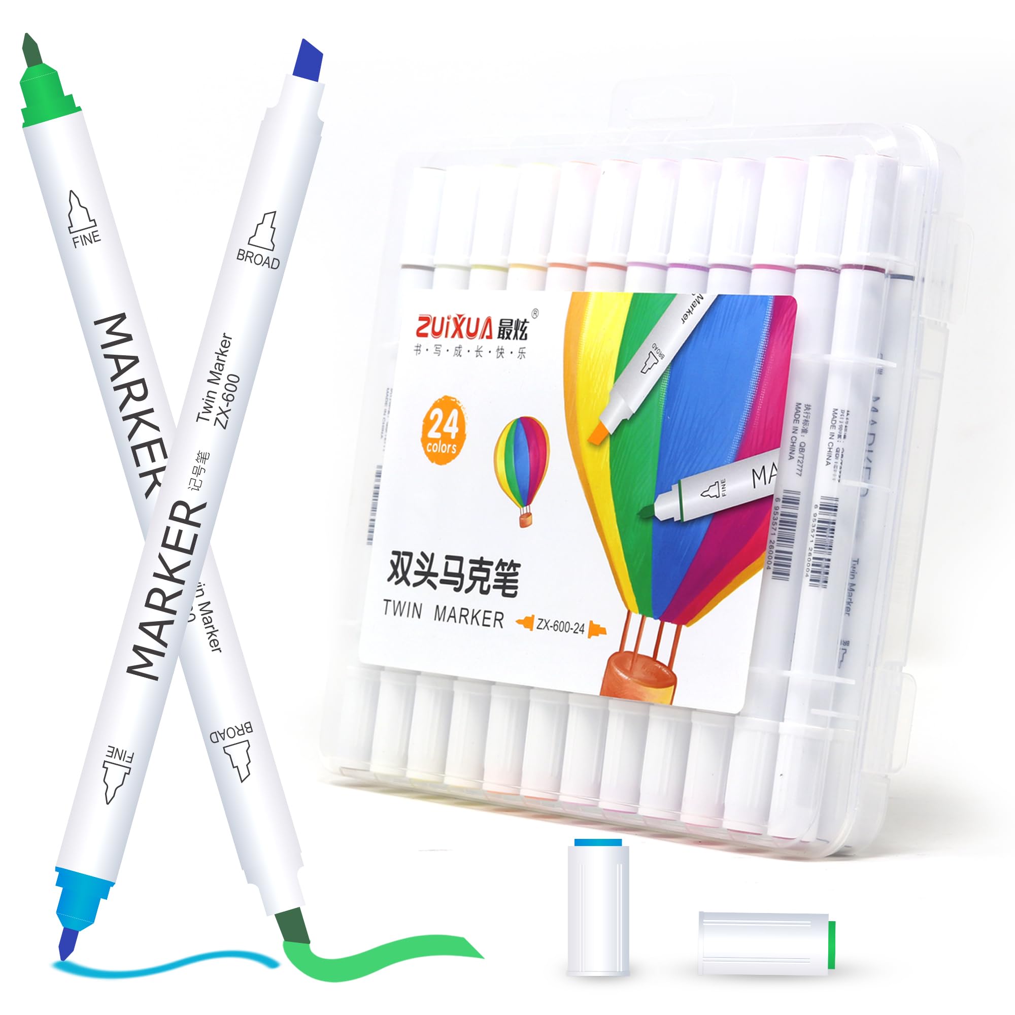 Zuixua 24 Pcs Dual-Tip Marker Set- Quick Drying, Water Resistant
